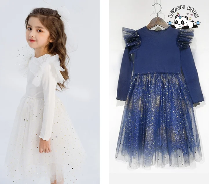 LEZONKIDS - Customizable Chic Ruffle Sleeve Long Sleeves Dress Girls Costume Gold Foil Print Tulle Dress for Girl